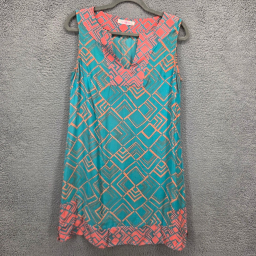 Alice & Trixie Silk Sleeveless Shift Dress Teal Coral Geometric Print Medium